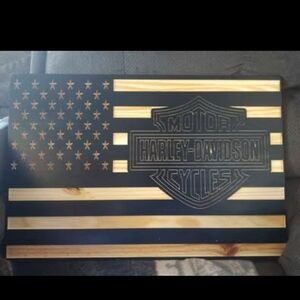 Harley-Davidson Black and Gold Wooden Flag Art